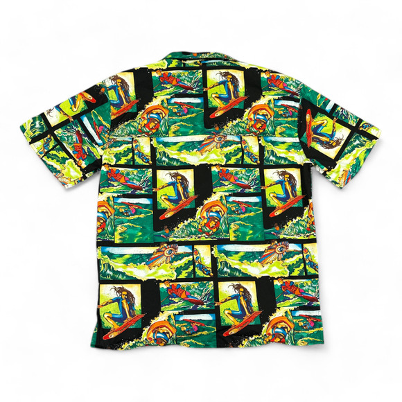 Nicole Miller Hawaiian Shirt Womens EXTRA LARGE Green Black Surfing Water Sports - Picture 3 of 8